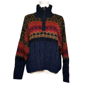 John Jenn Navy Red Fair Isle 1/4 Zip Relaxed Pullover Sweater Medium Preppy